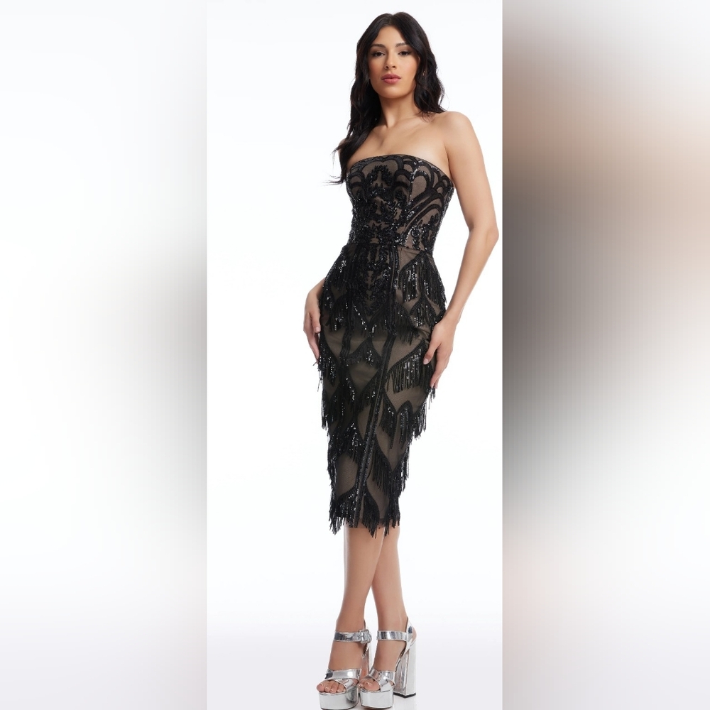 Dress The Population Viviana Black Fringe Sequin Evening Dress Size Small NEW